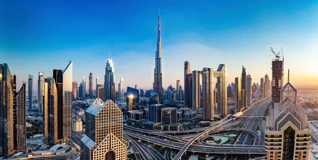 Aerial view of Dubai Downtown skyline at sunset with Burj Khalifa — best area to stay in Dubai for first-time visitors